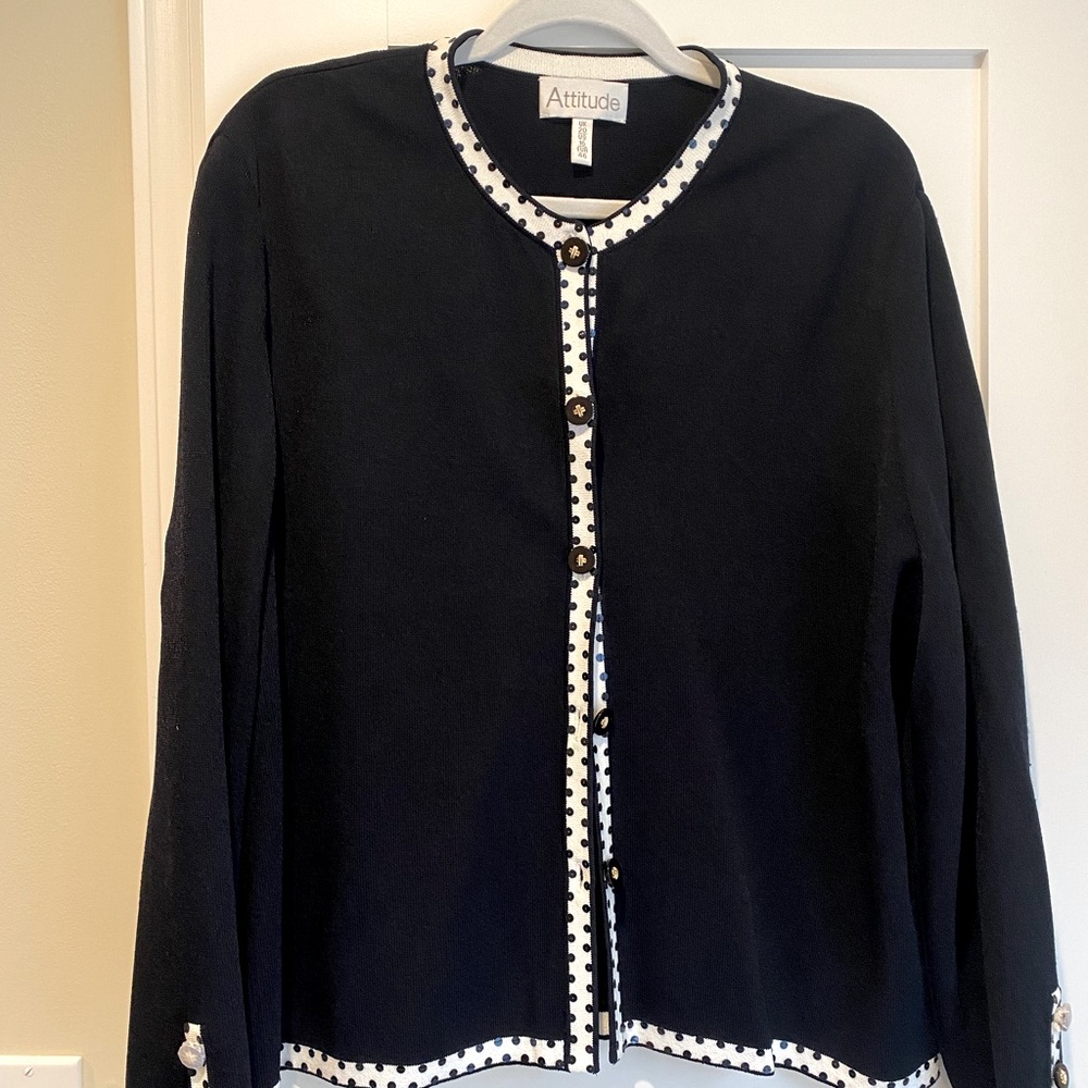 Attitude Woman’s black Cardigan with White and Glitter Trim  Old Money Size 16